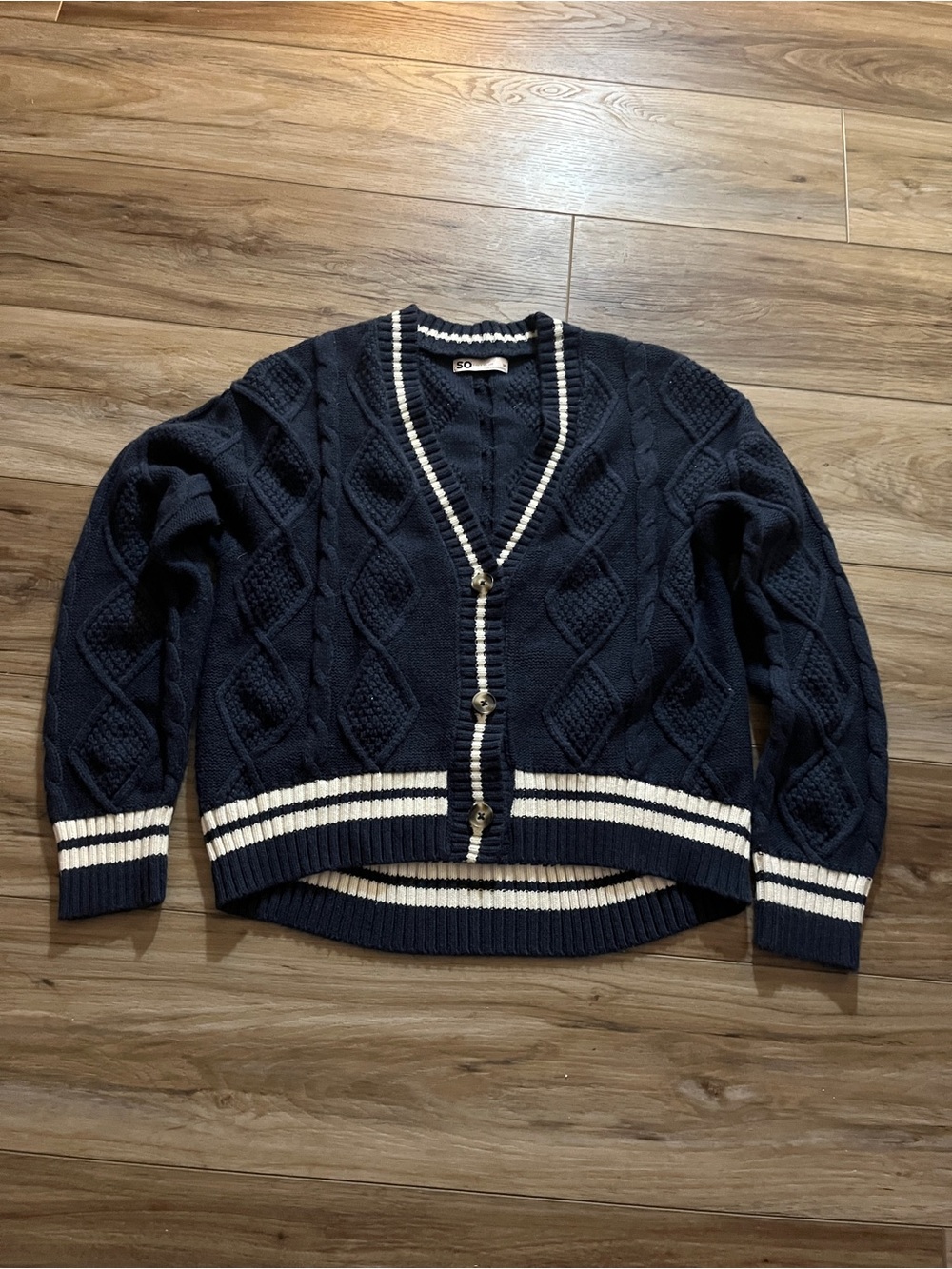 So Navy Cable-Knit Cardigan with White Trim